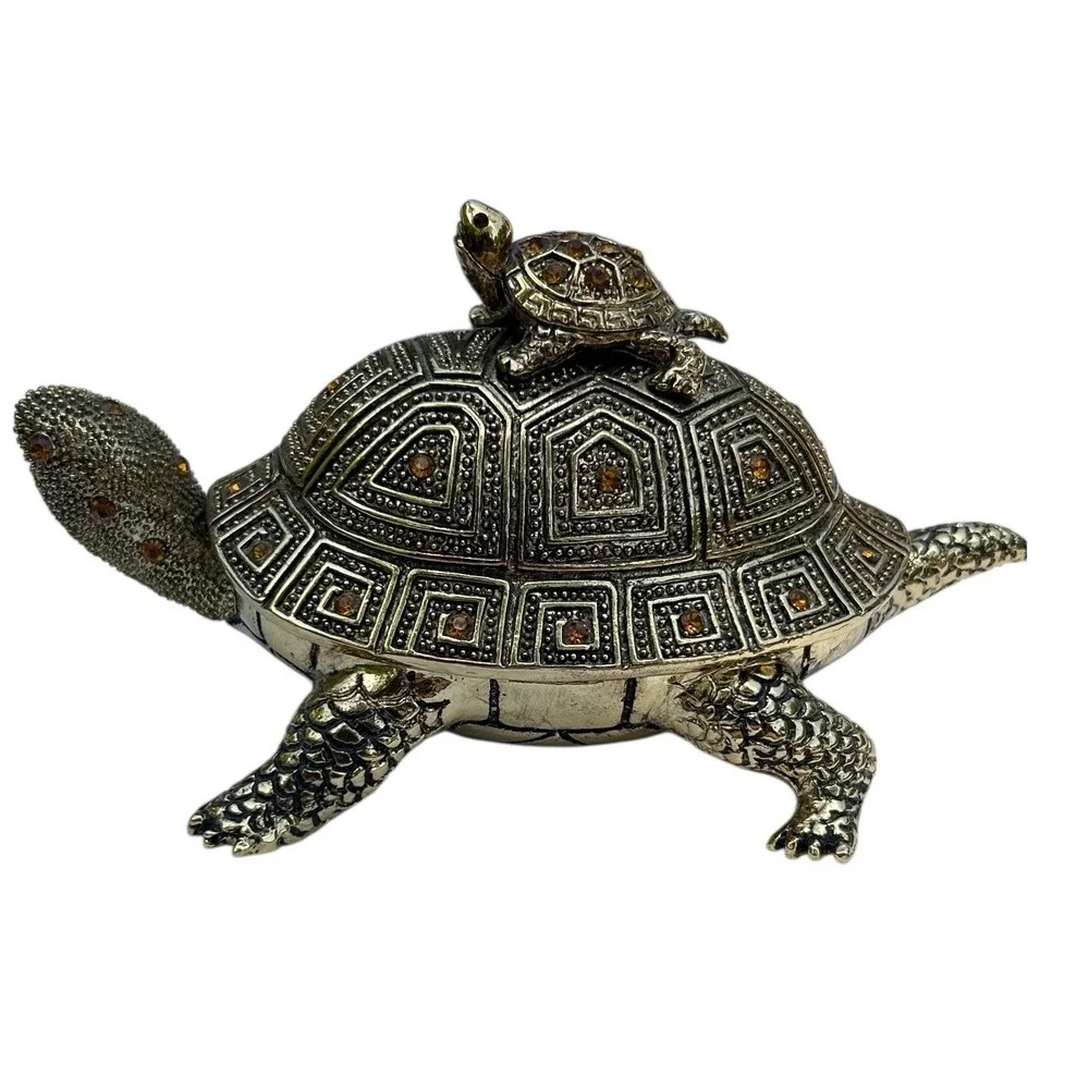 Bombay 3 Piece Turtle Topaz Jeweled Brass Trinket Box Desk Set Vintage Complete‎